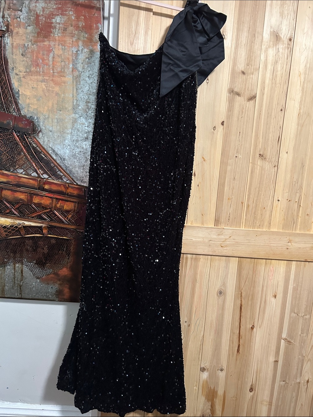 Black Velvet Sequin One-Shoulder Evening  gown with Bow